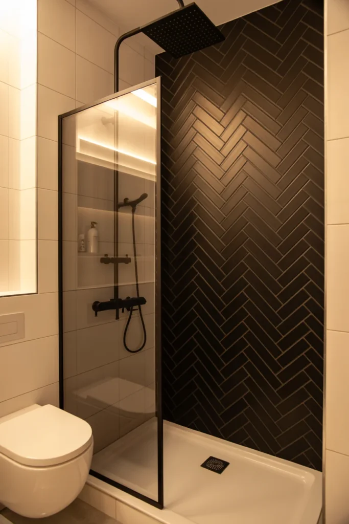 Black Herringbone Tile Shower Wall