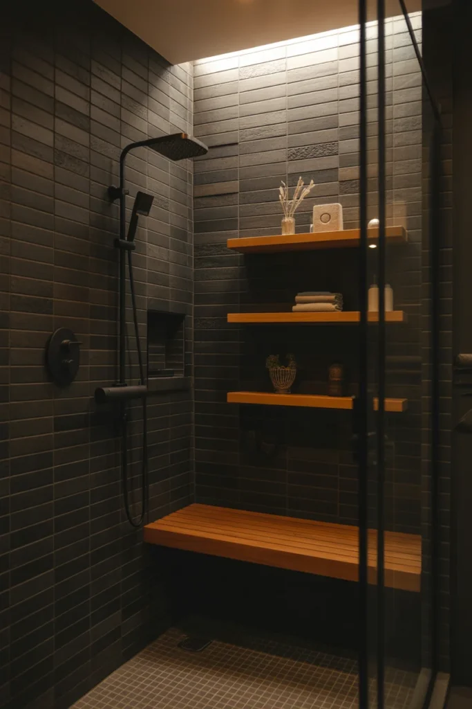 Black Stone Shower with Wood Accents