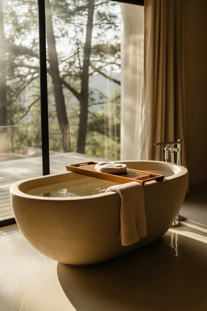 Freestanding Soaking Tub with a Woodland View