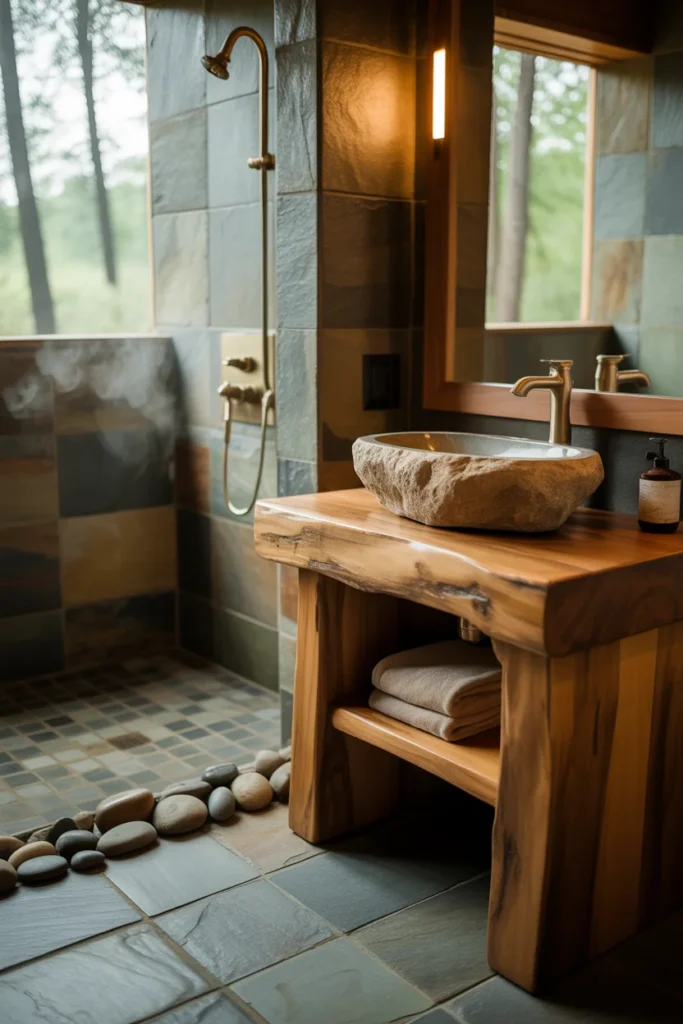 Natural Stone and Raw Wood Pairing