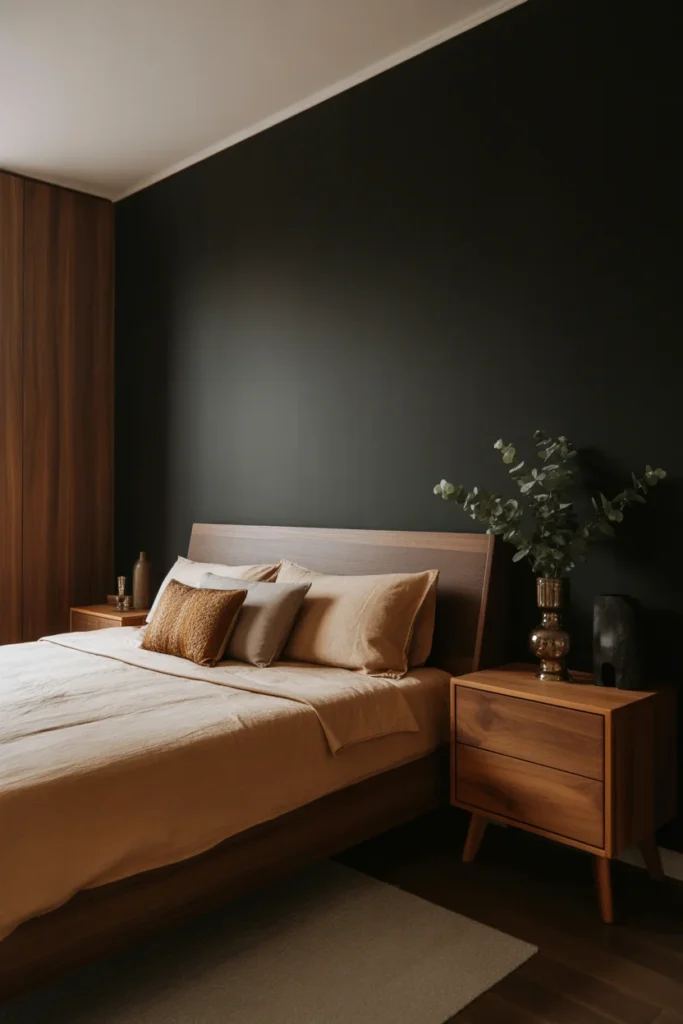 Black Accent Walls with Wood Furniture