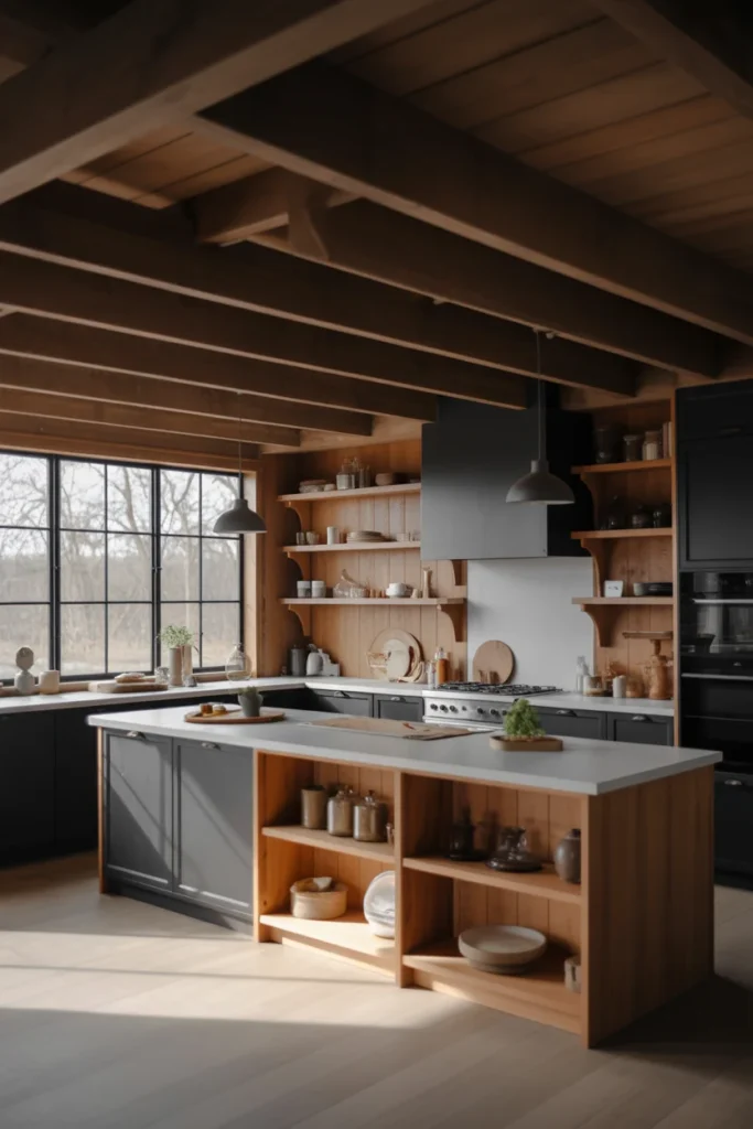 Matte Black Cabinets with White Oak Accents