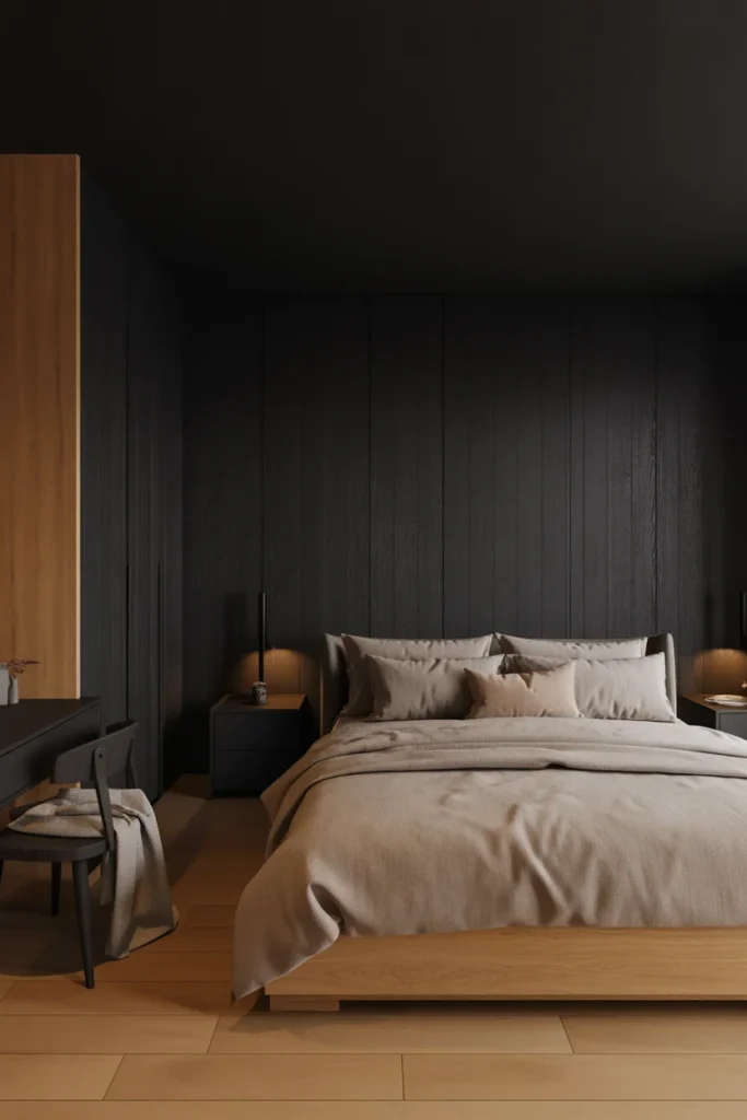 Balance matte black with warm wood tones