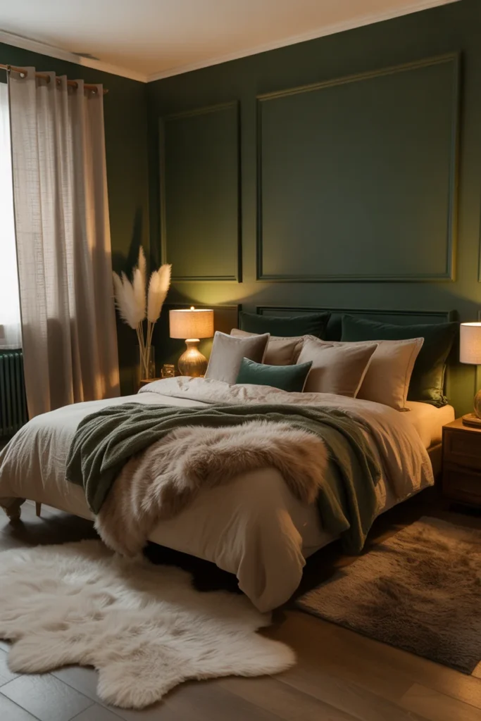 Moody Green Bedrooms with Soft Textures