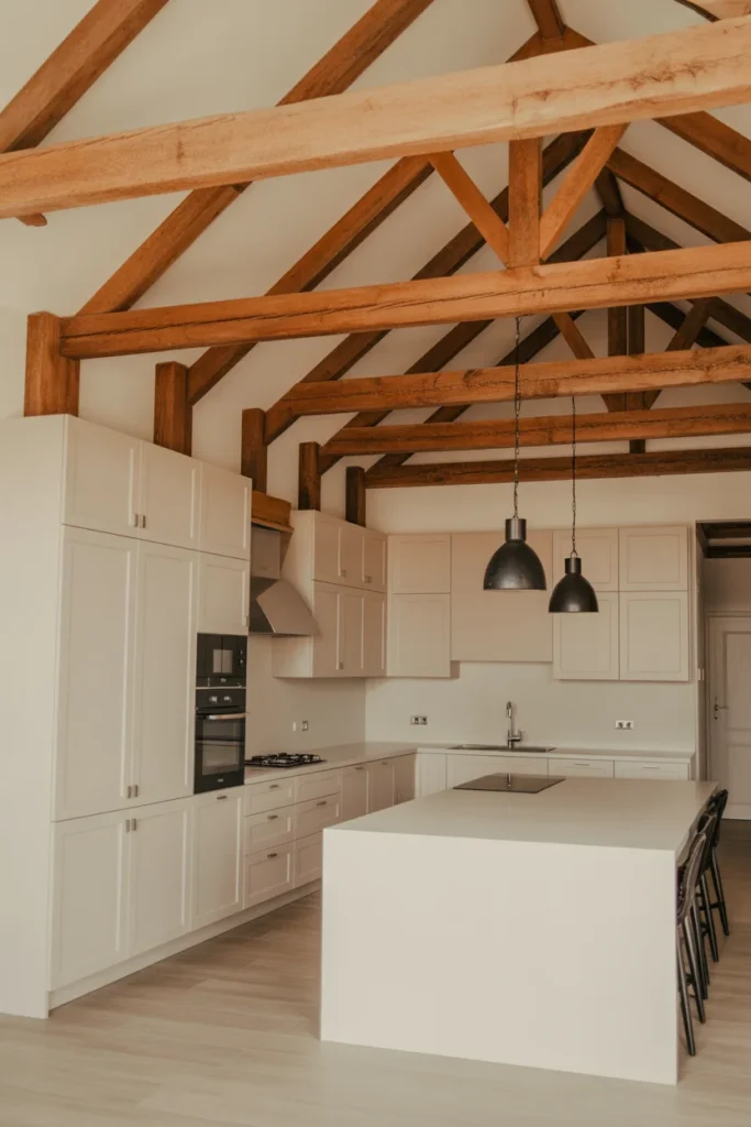 Mix Rustic Wood Beams with Sleek White Surfaces