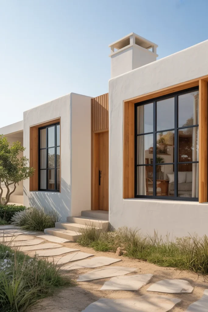 Soft White Exteriors with Natural Wood Details