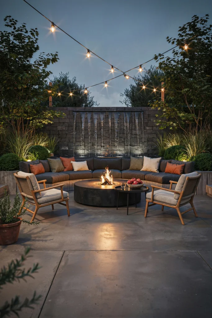 Concrete Patio with Cascading Fountain and Fire Pit Lounge