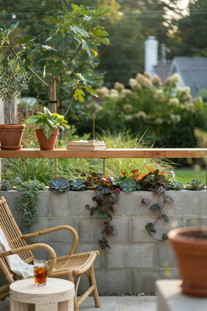 Cinder Block and Wood Planter Wall