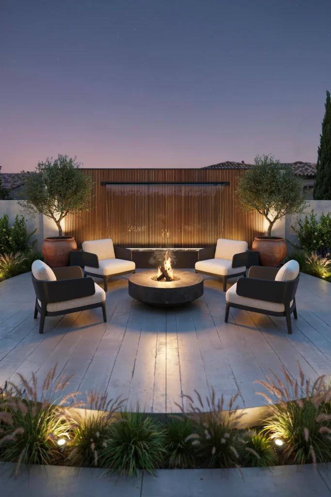 Circular Fire Pit with a Modern Fountain Wall