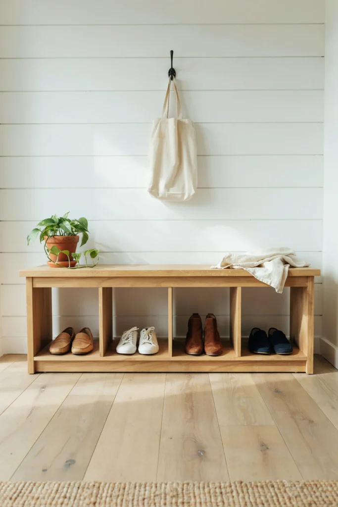 The Classic Wooden Bench With Open Cubby Shelves