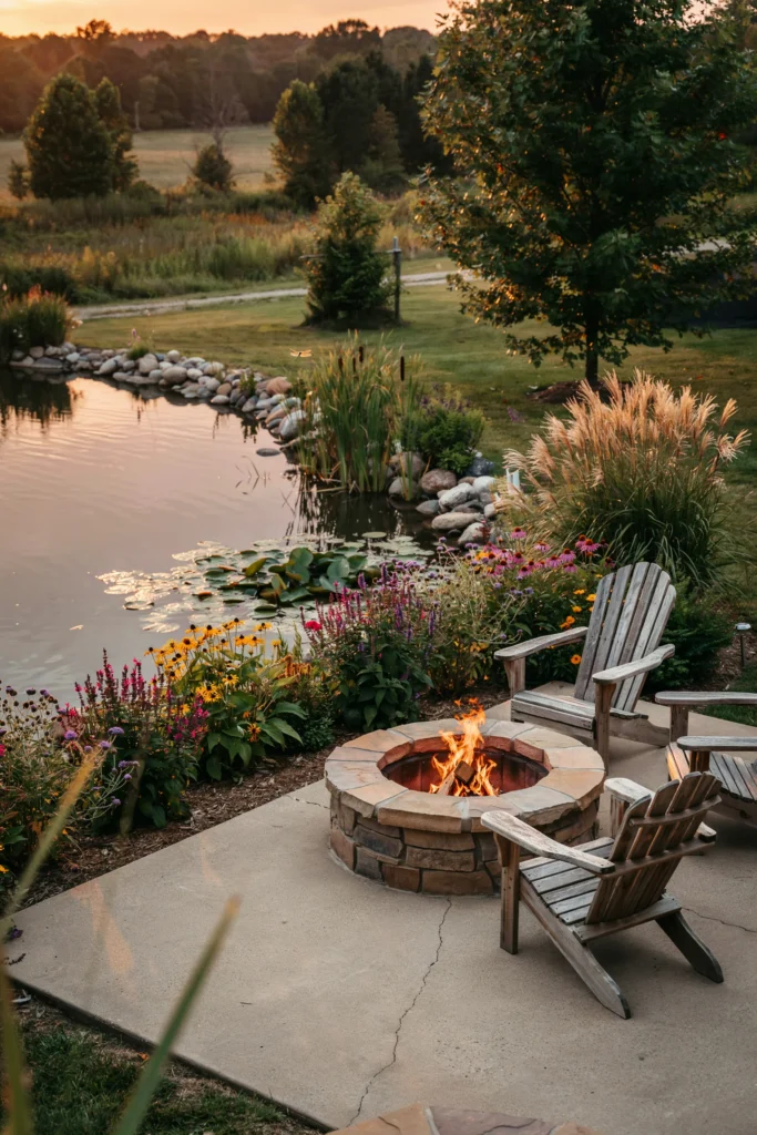 Concrete Patio with Pond and Stone Fire Ring