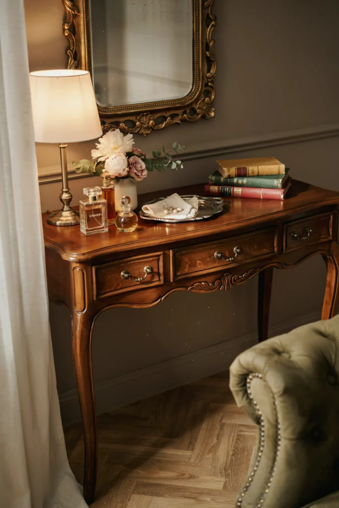 Dark Wood Vanity with Vintage Charm