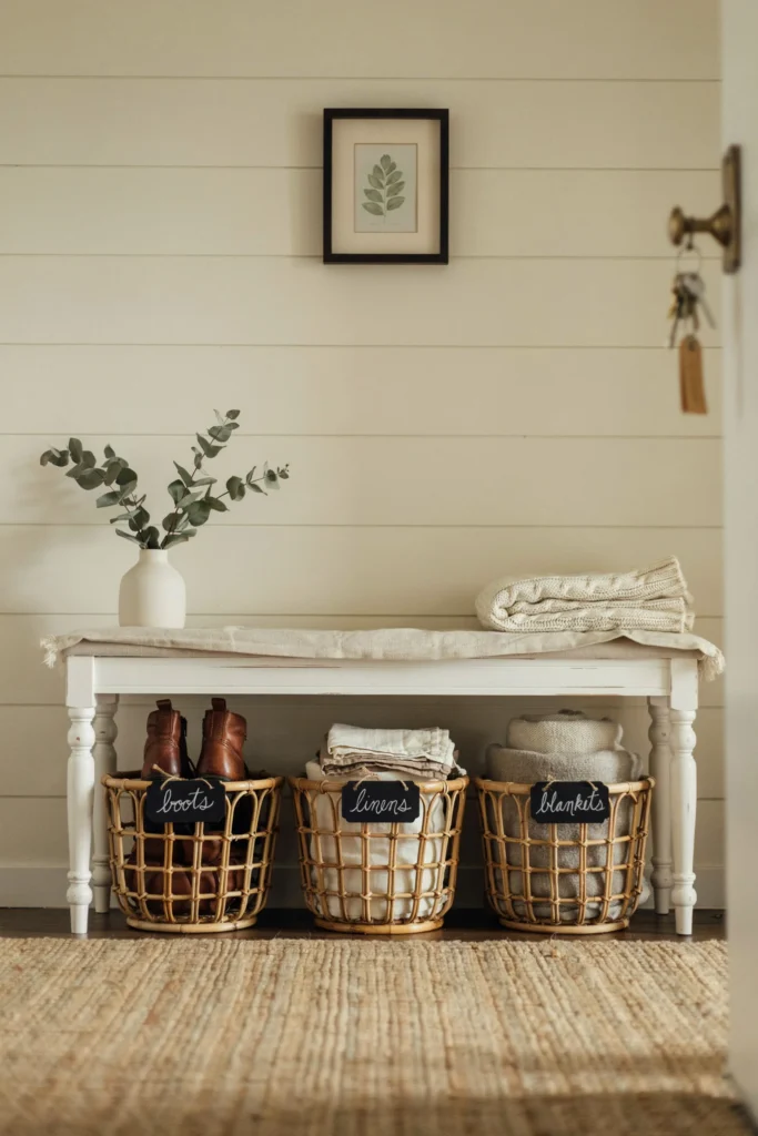 Bench With Wicker Basket Storage Underneath