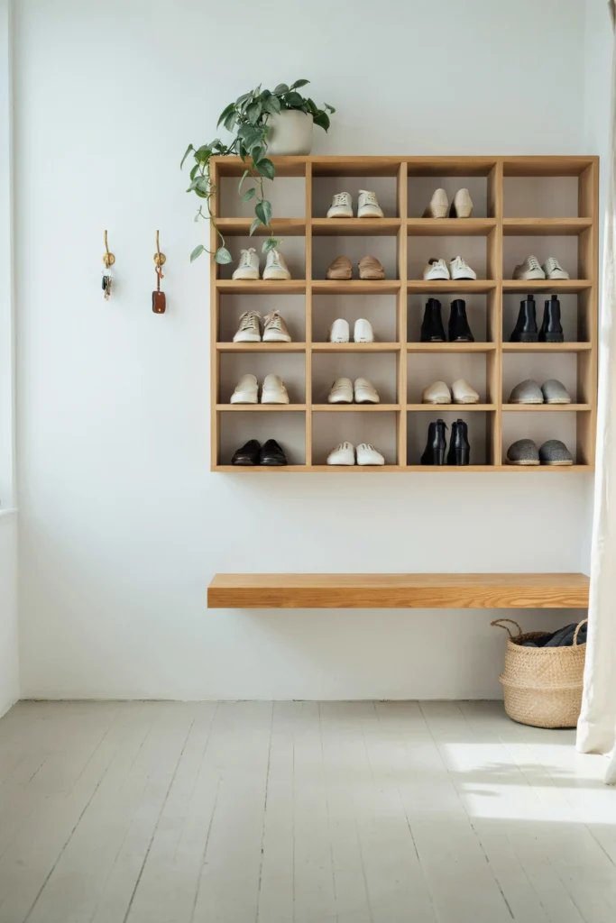 Floating Bench With Wall-Mounted Shoe Cubbies Above