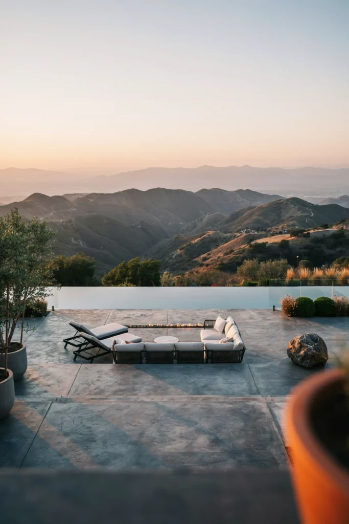 Concrete Patio with Infinity Water Edge and Fire Strip