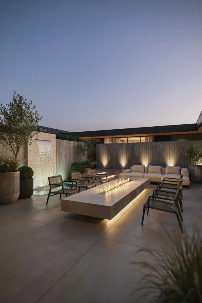Linear Fire Table and Bubbling Water Fountain