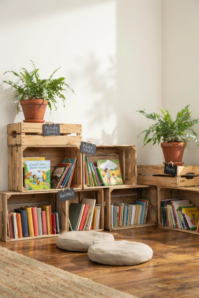 Low Wooden Crate Library with Potted Ferns
