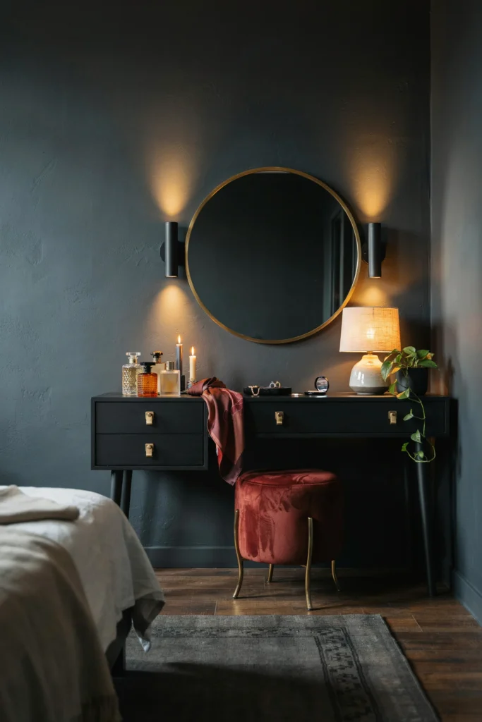 Matte Black Vanity with Warm Lighting