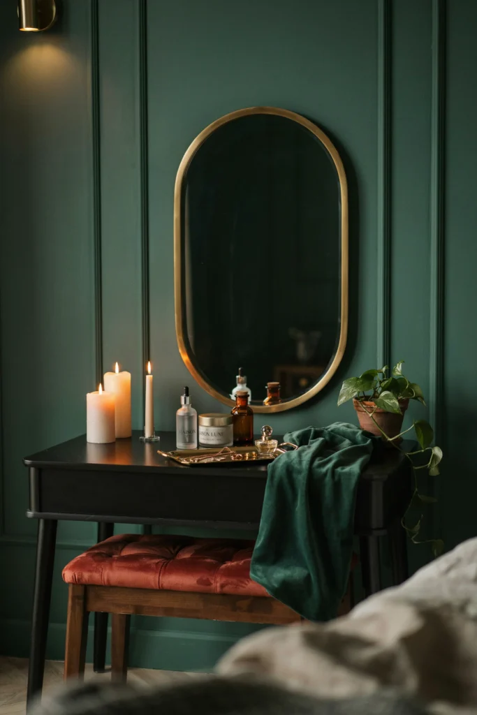 Moody Vanity Corner with Deep Green Walls