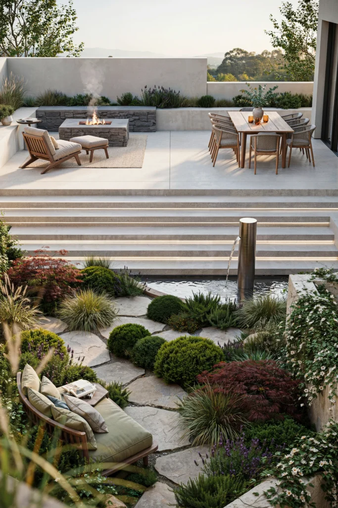 Multi-Level Concrete Patio with Fire and Water Zones