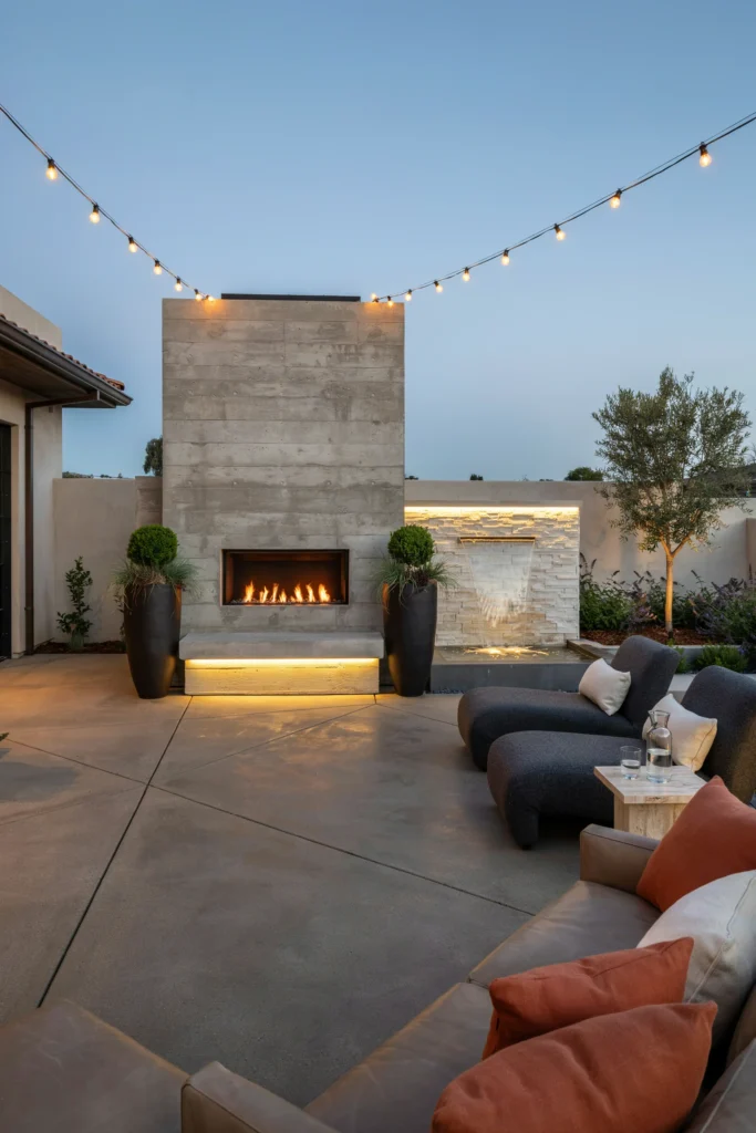 Raised Water Feature with Built-In Fireplace