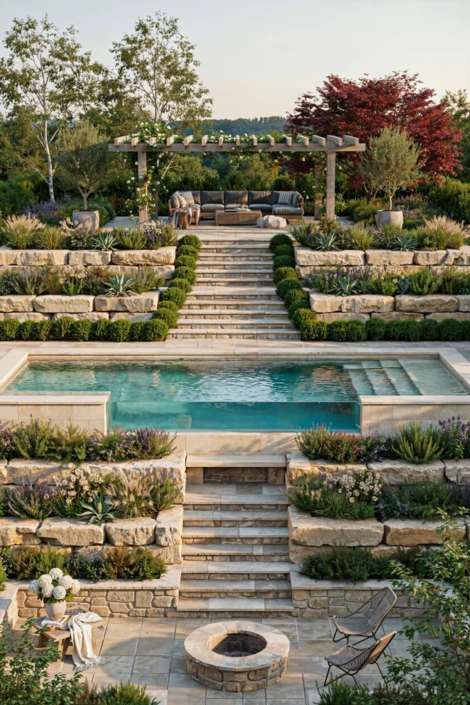 Semi Inground Pool on a Slope with Tiered Landscaping