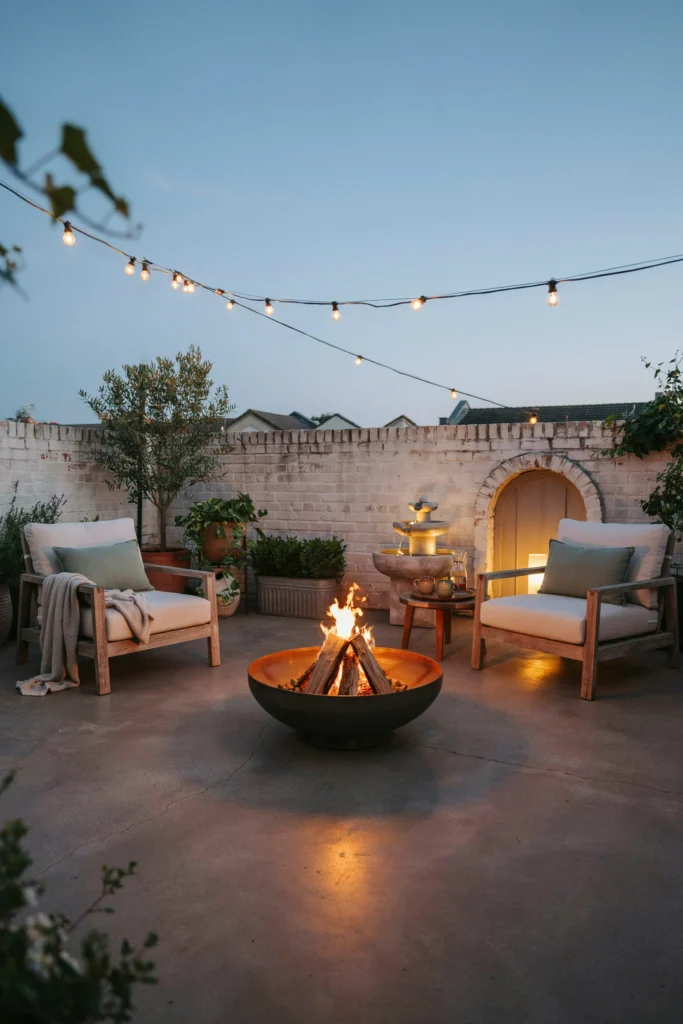 Small Concrete Patio with a Tabletop Fountain and Portable Fire Pit