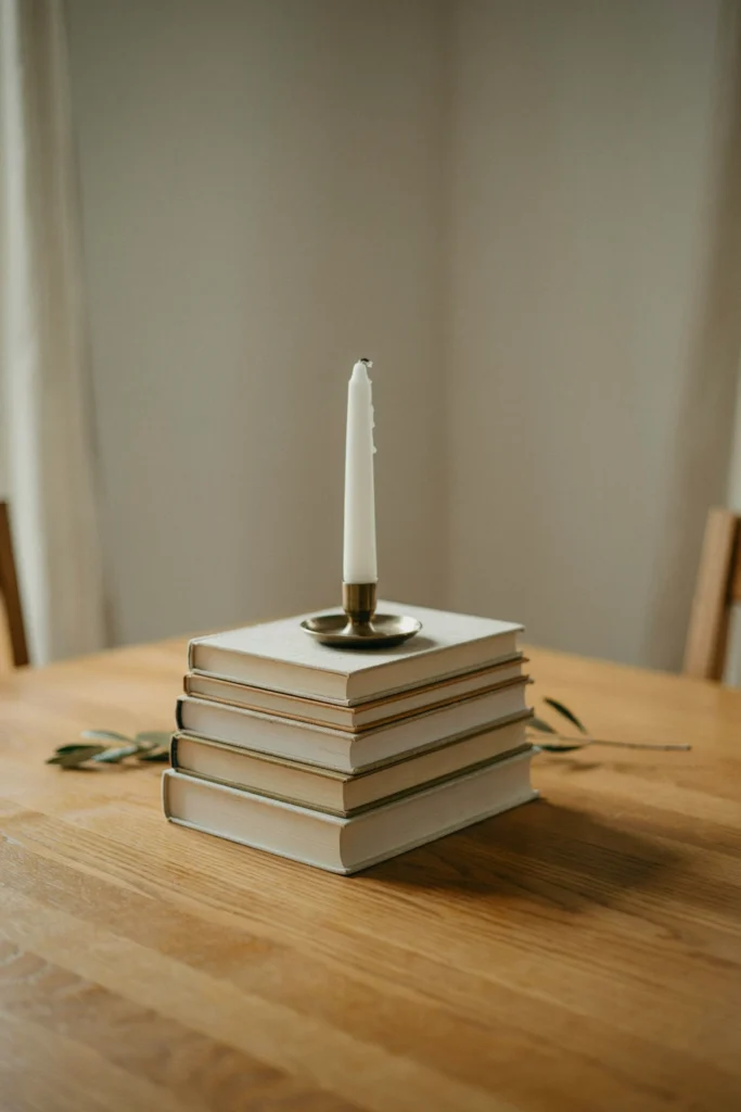 Stacked Books with a Small Candle on Top