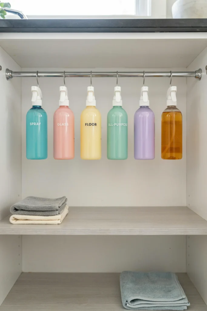 Use a Tension Rod to Hang Spray Bottles