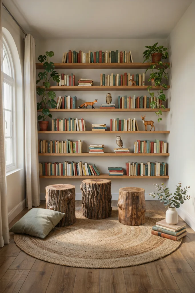 Tree-Stump Stools + Timber Bookshelves (Playful Natural Look)