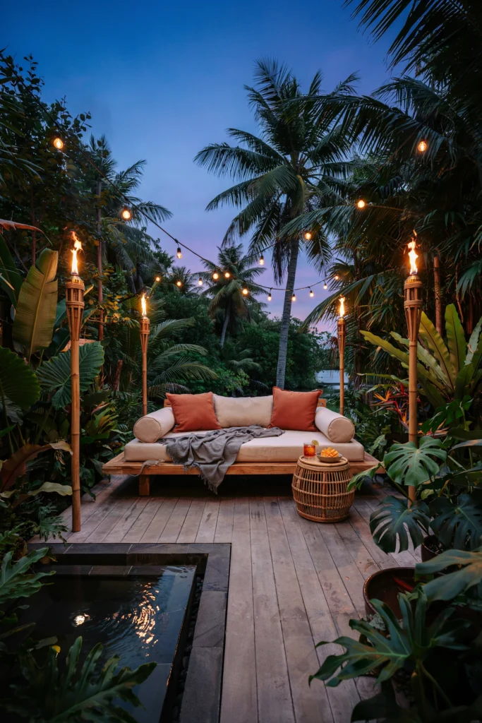 Tropical-Inspired Patio with Water Basin and Fire Torches