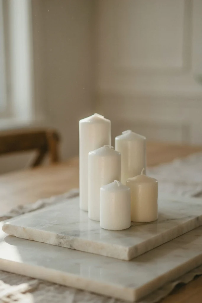 A Cluster of White Pillar Candles in Varying Heights