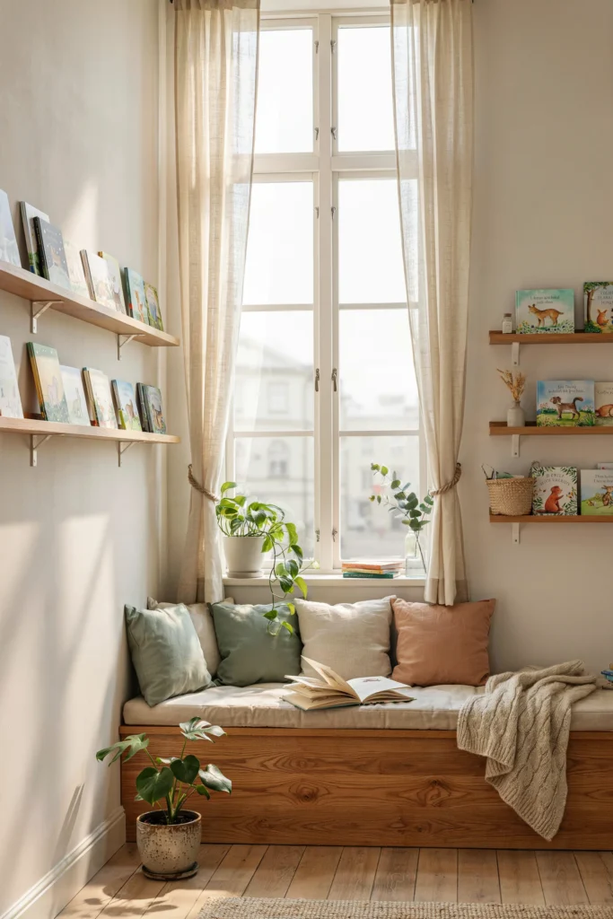 Window Seat Reading Nook with Floating Shelves
