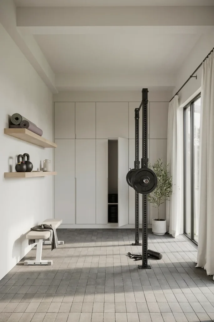 All-White Minimalist Garage Gym with Hidden Storage