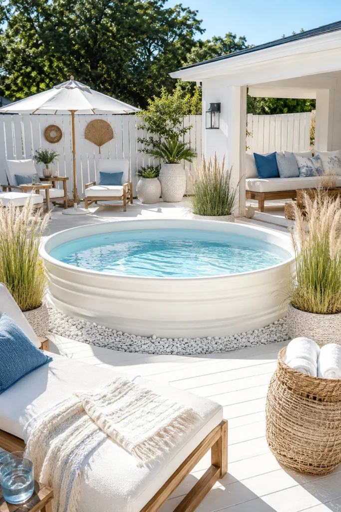 All-White Stock Tank Pool Design for a Coastal Look