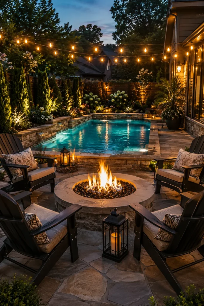 Backyard Spool Pool with a Fire Pit