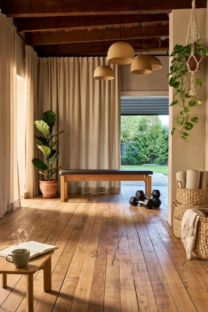 Boho-Inspired Garage Gym with Plants and Natural Light