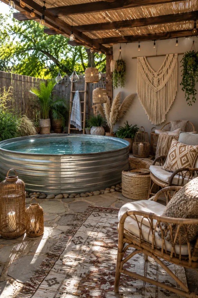 Boho-Style Stock Tank Pool With Macrame and Rattan Accents