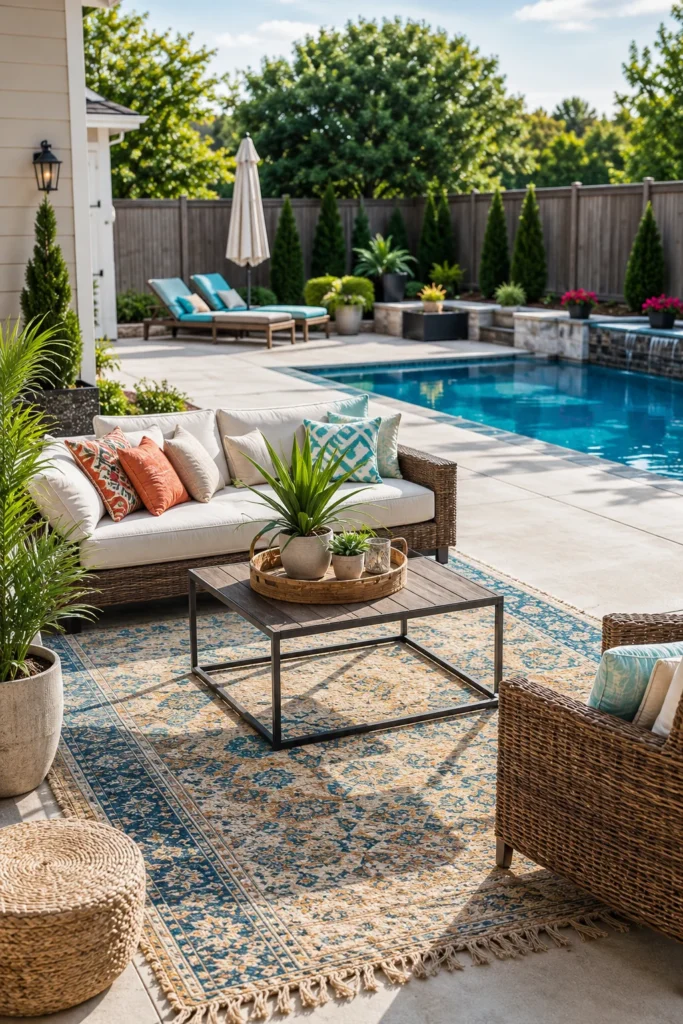 Budget-Friendly Concrete Deck With Outdoor Rug and Furniture