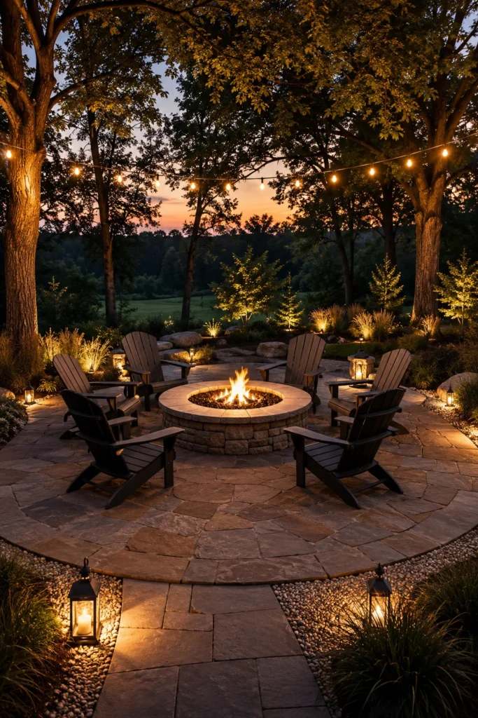 Circular Stone Patio with a Fire Pit