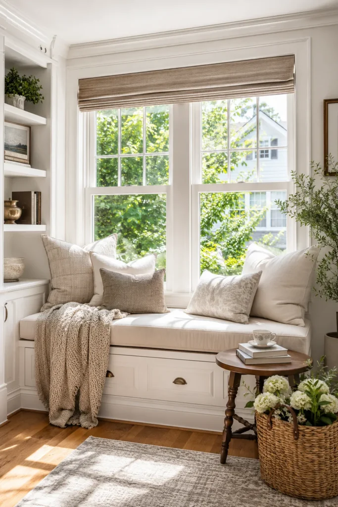 Classic White Built-in Window Seat with Hidden Storage