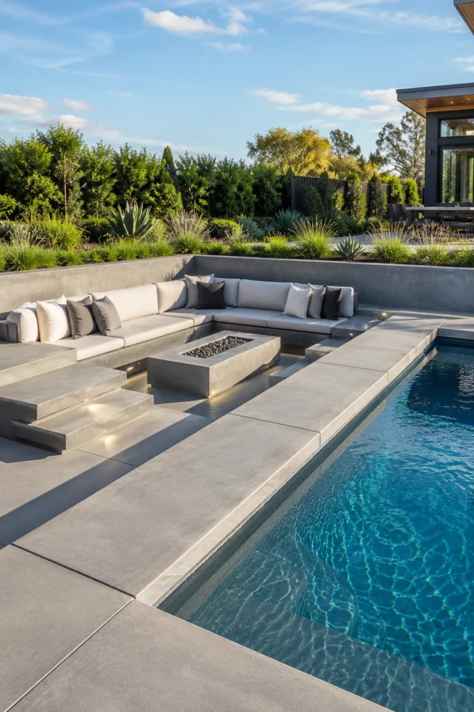 Concrete Pool Deck With Built-In Lounge Area