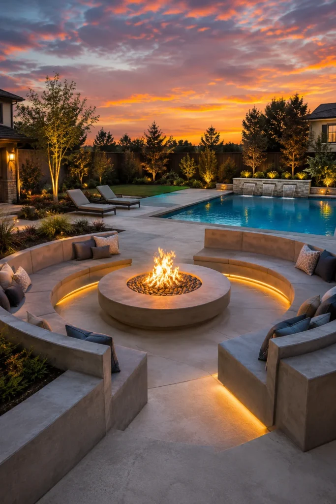Concrete Deck With Modern Fire Pit Seating