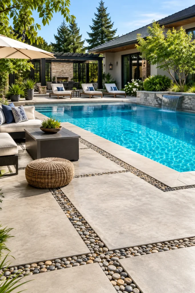 Concrete Deck With Pebble Accent Strips
