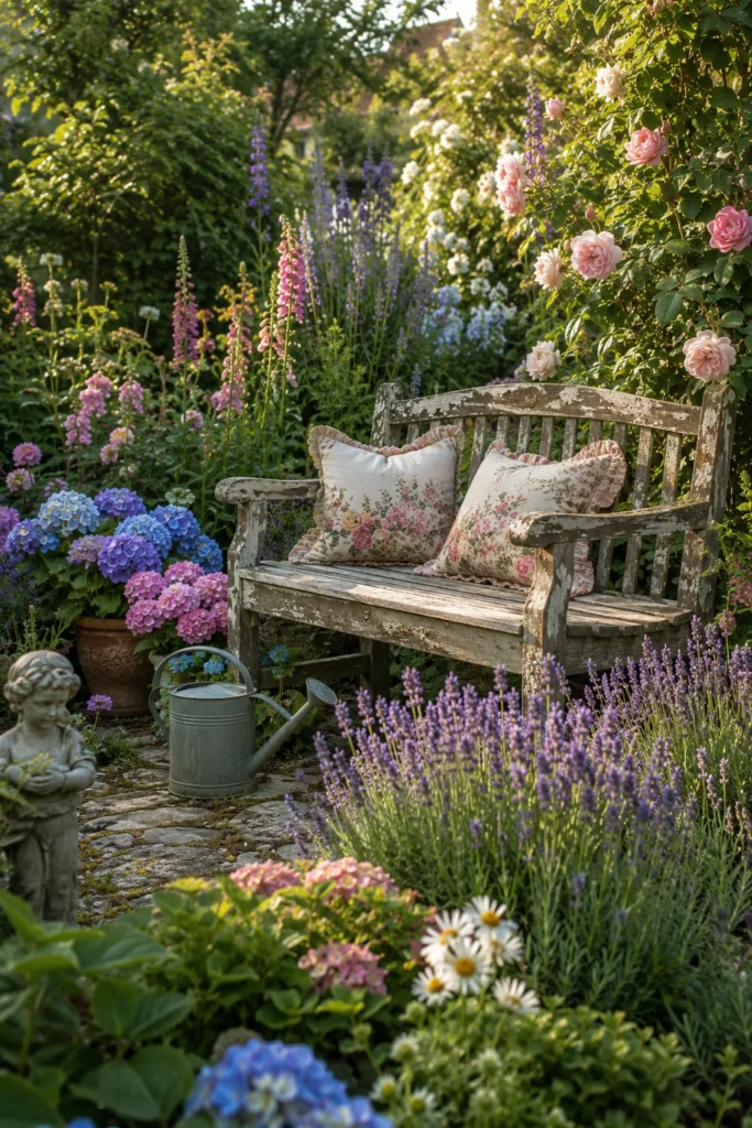 Cottage-Style Bench Tucked in the Flower Beds