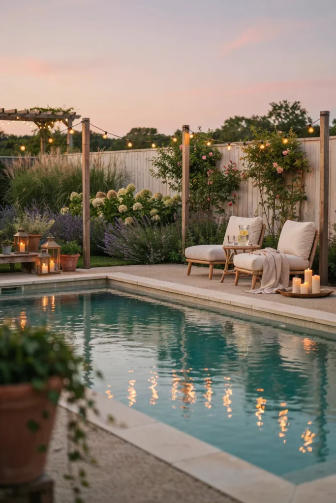 Cowboy Pool With String Lights for Evening Ambiance