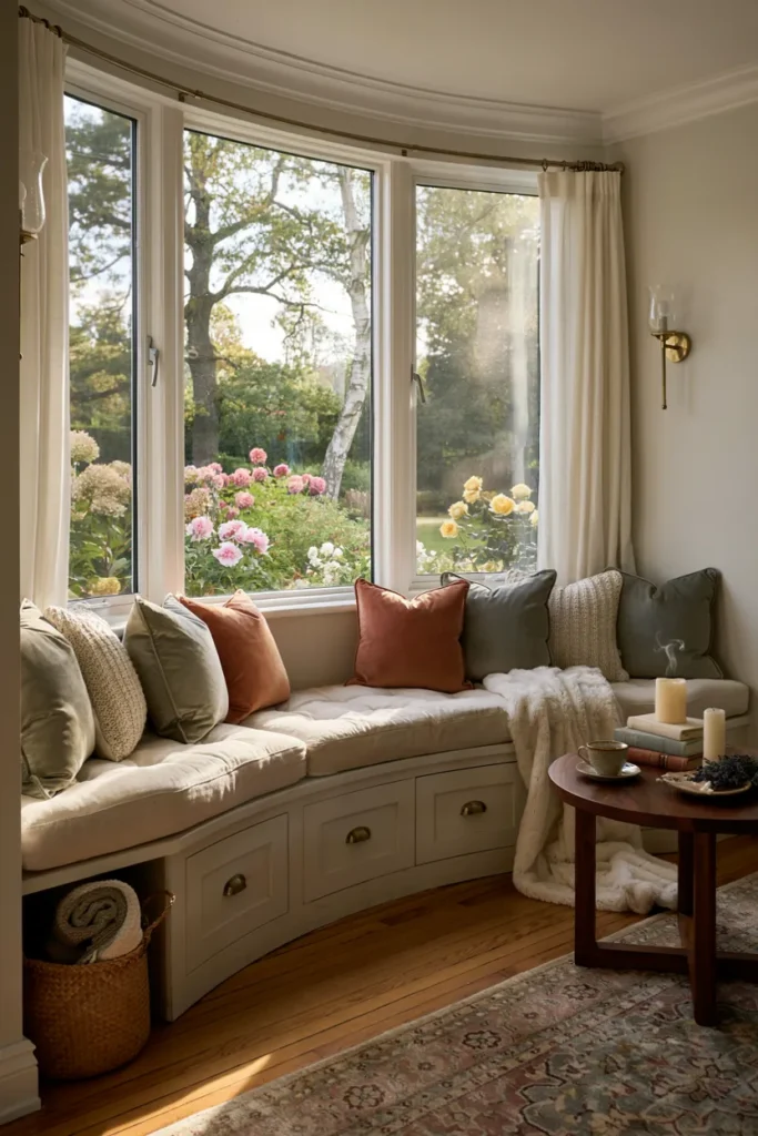 Cozy Bay Window Reading Nook with Plush Cushions