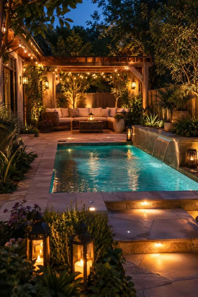 Cozy Evening Pool Patio with Ambient Lighting