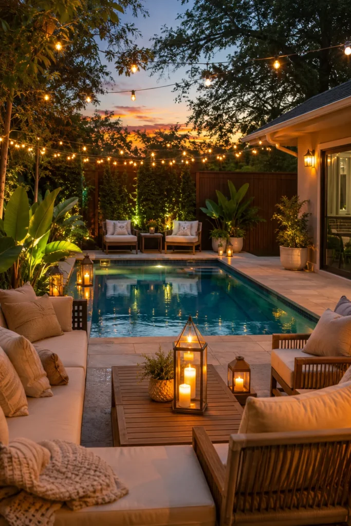 Cozy Pool Patio with String Lights