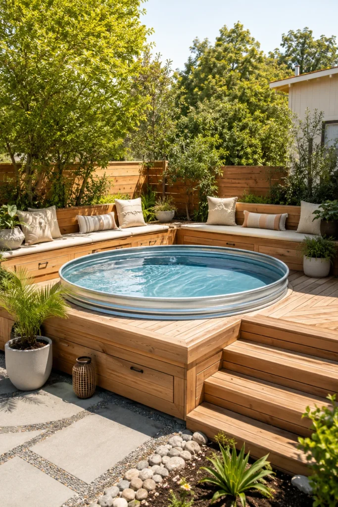 Elevated Stock Tank Pool With Built-In Bench Seating